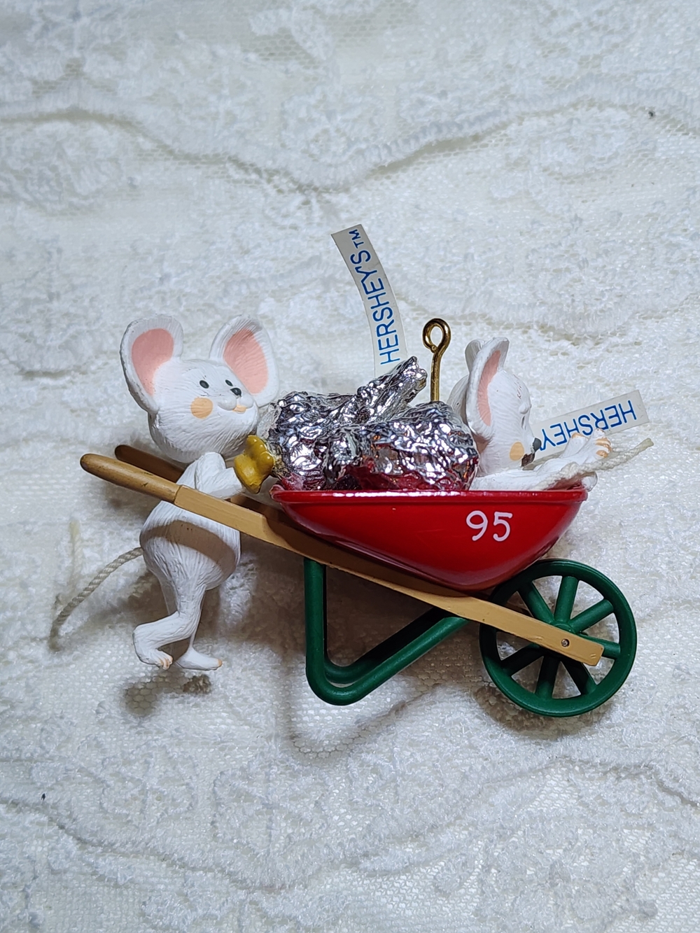 Vtg Ornament - White Mouse in Red Wheelbarrow Delivering Hershey's Kisses 1995